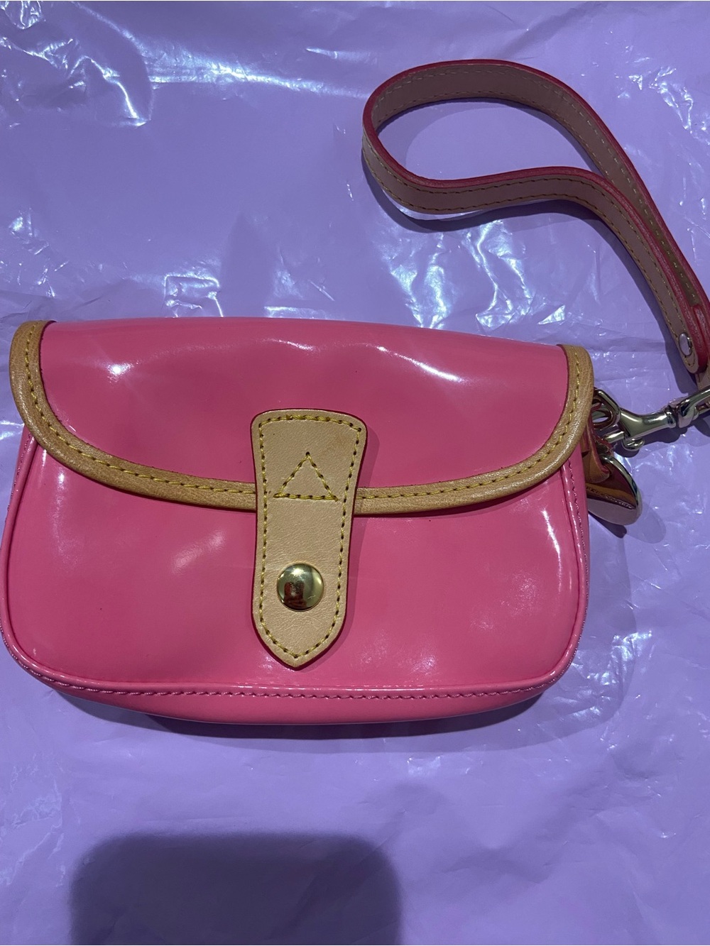 Dooney & Bourke Pink Patent Wristlet with Tan Trim